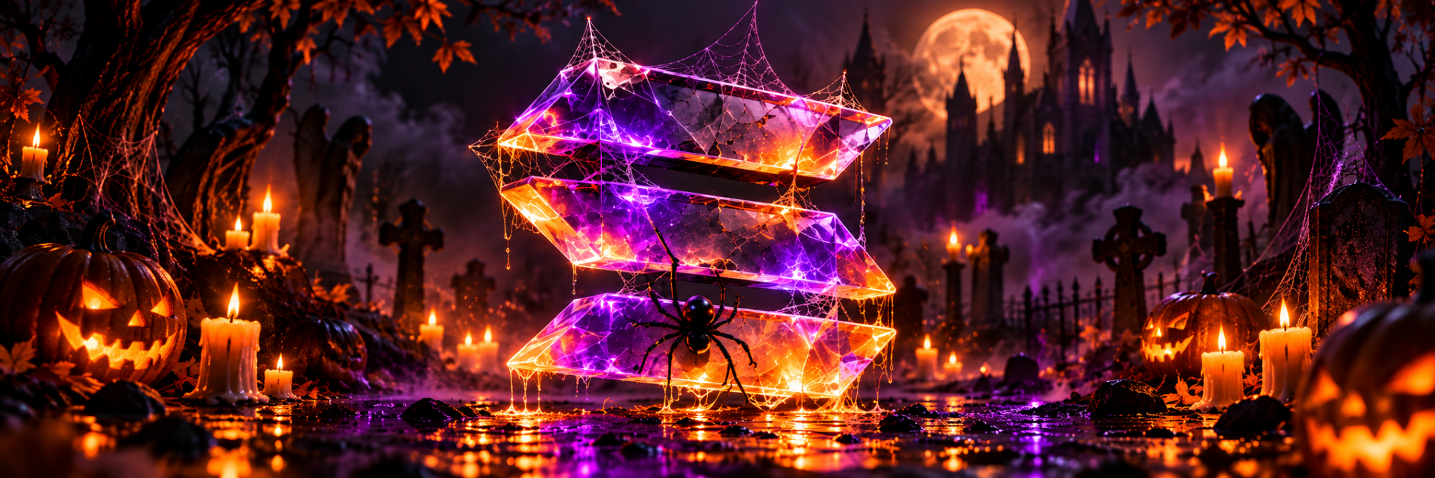 Original Solanaween banner with the crystal emblem, jack-o-lanterns, candles and a moonlit castle