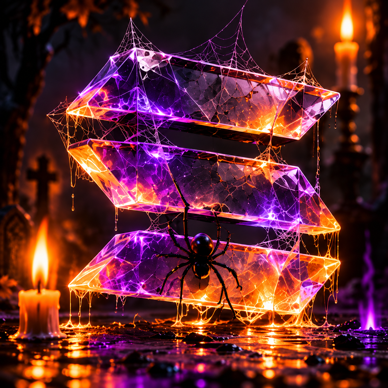Three cracked orange and violet crystal Solana bars, wrapped in cobwebs with a black spider