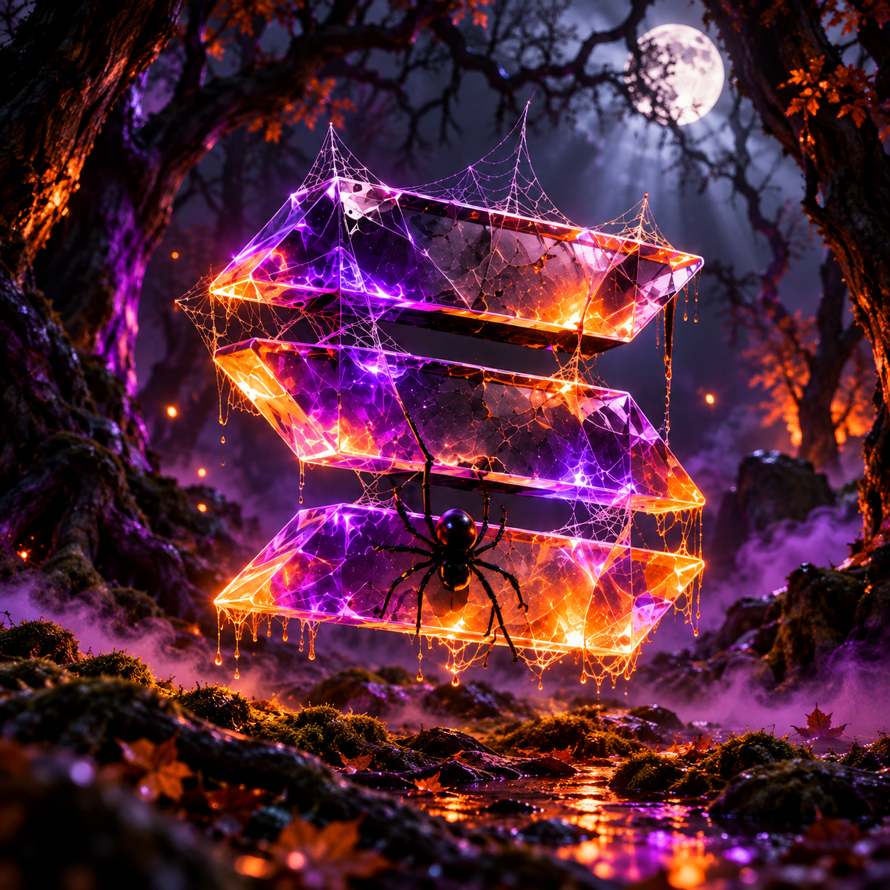 Solanaween crystal emblem glowing in a misty enchanted forest