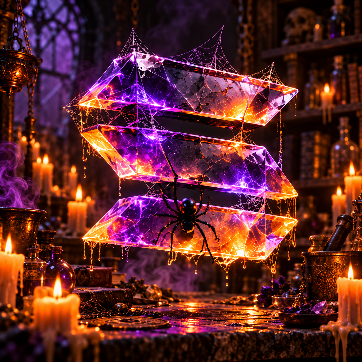 The same Solanaween crystal emblem in a candlelit alchemist chamber