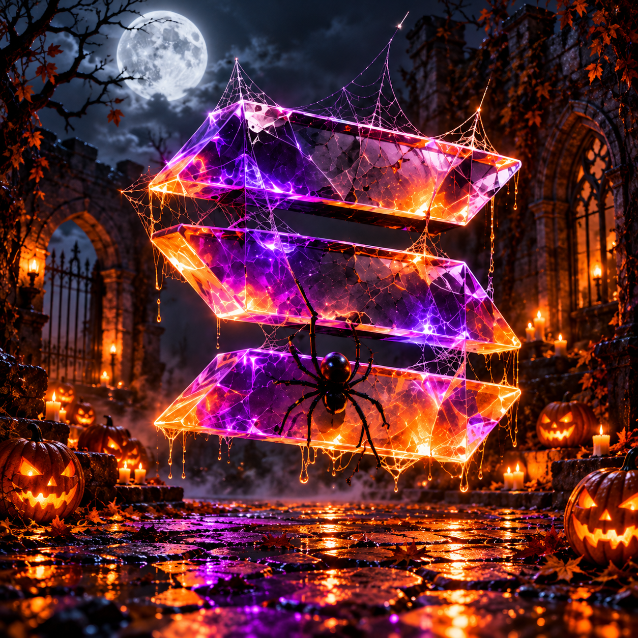 Solanaween glowing over a moonlit courtyard filled with Halloween pumpkins