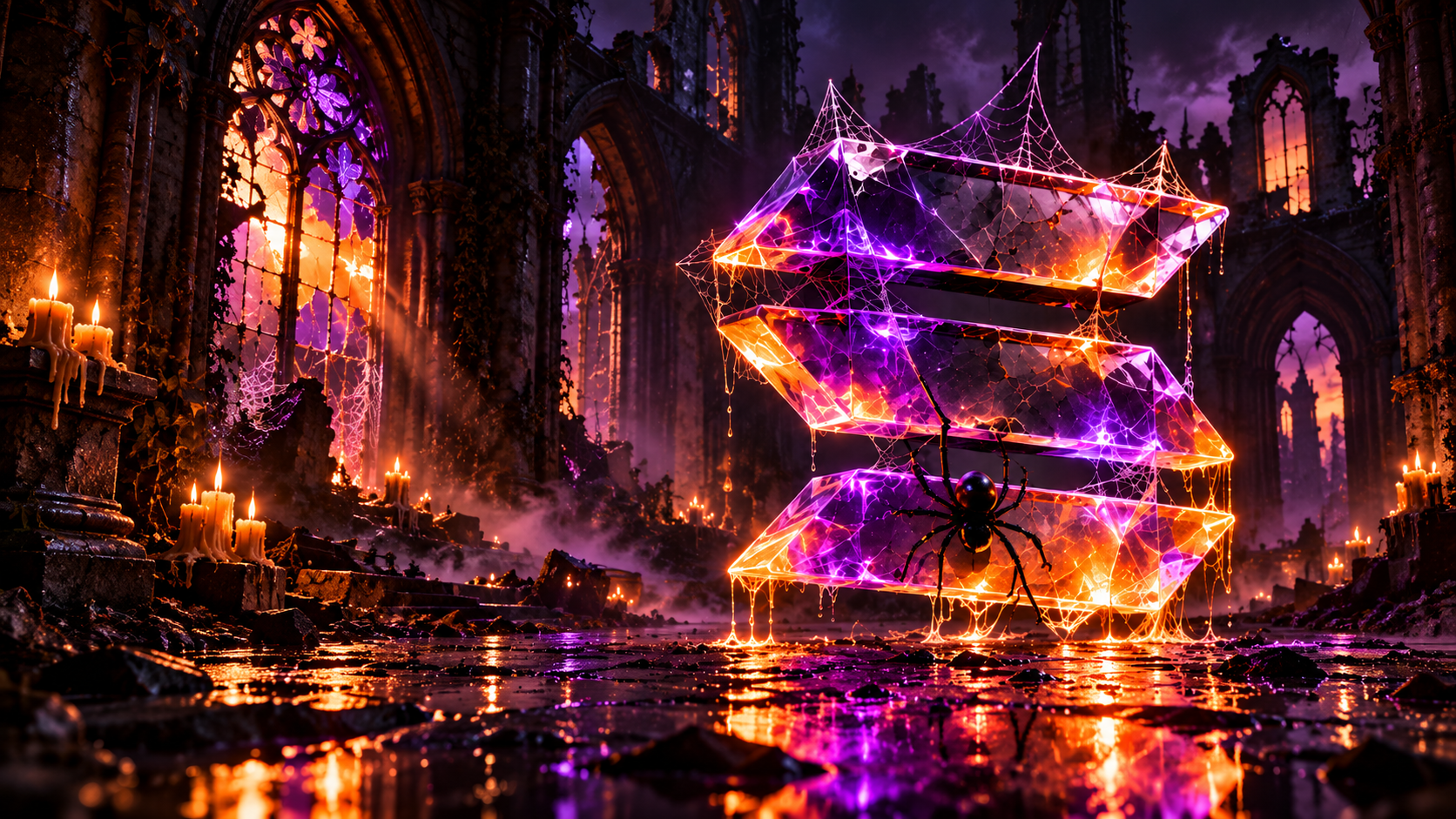 Solanaween floating beneath stained glass in a ruined Gothic cathedral