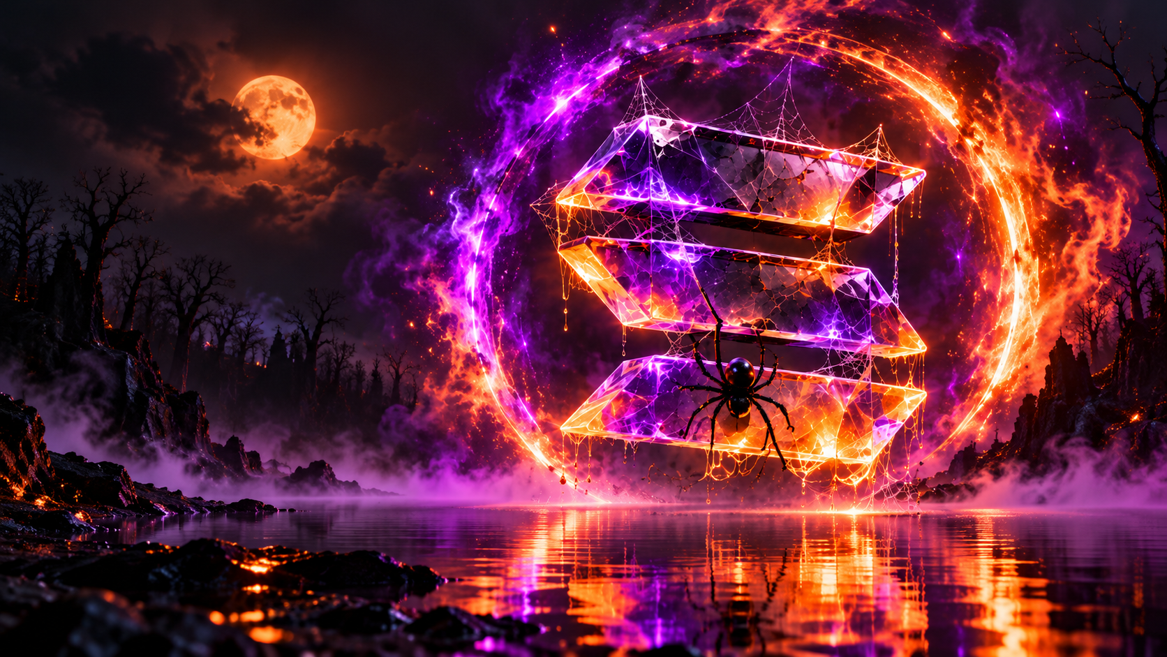 The Solanaween crystal emblem glowing inside a supernatural portal above a dark lake